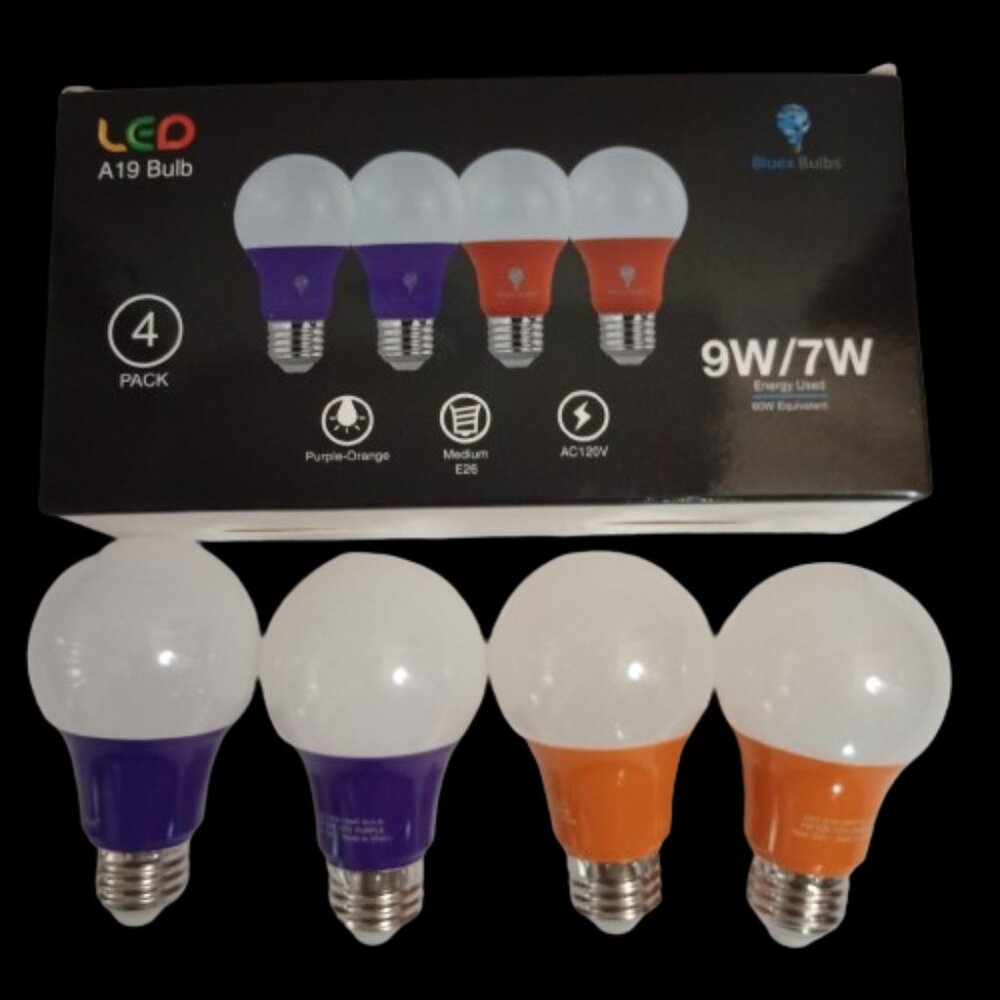 Halloween 4 Pack A19 LED 2 Purple Light Bulbs LED 2 Orange Light Bulbs TESTED